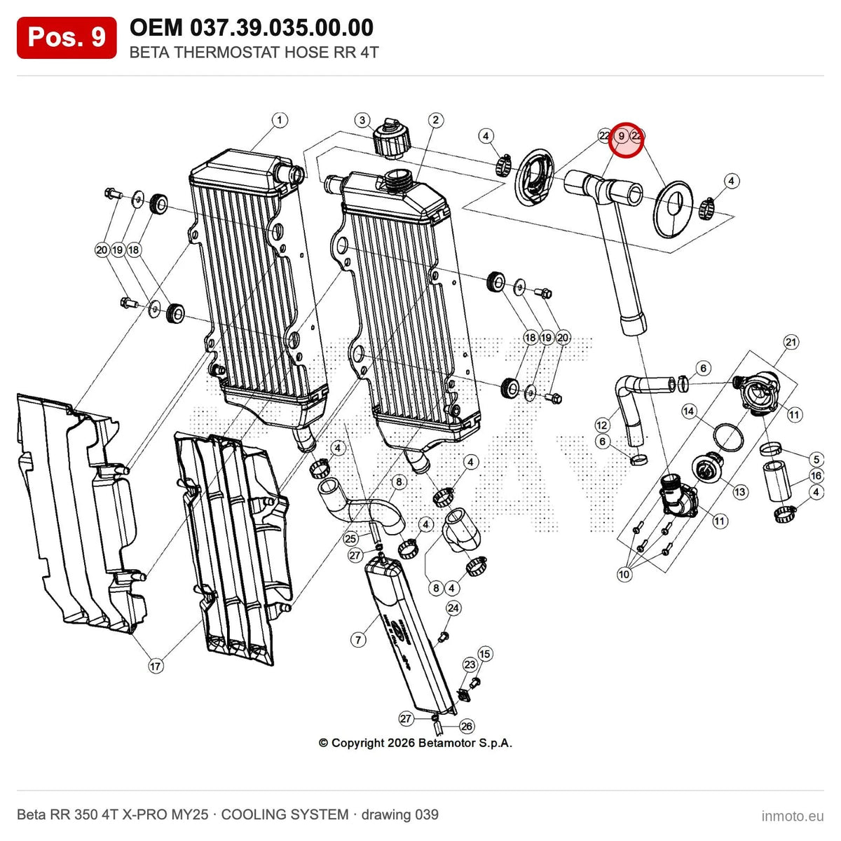 BETA THERMOSTAT HOSE RR 4T – OEM 037.39.035.00.00, position 9 on the Beta RR 350 4T X-PRO MY25 cooling system drawing