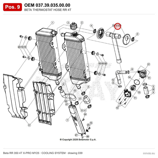 BETA THERMOSTAT HOSE RR 4T – OEM 037.39.035.00.00, position 9 on the Beta RR 350 4T X-PRO MY25 cooling system drawing