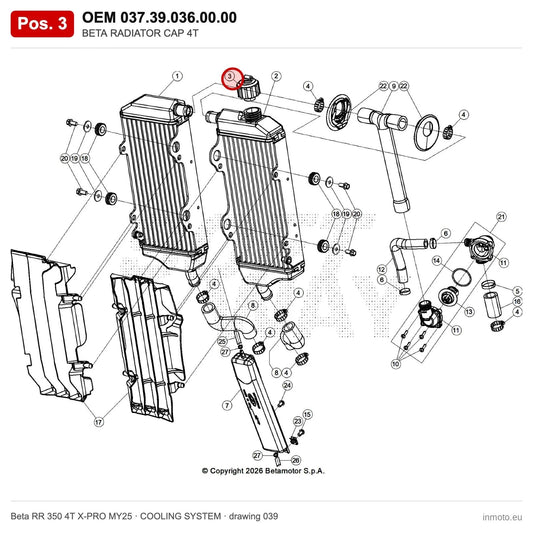 BETA RADIATOR CAP 4T – OEM 037.39.036.00.00, position 3 on the Beta RR 350 4T X-PRO MY25 cooling system drawing
