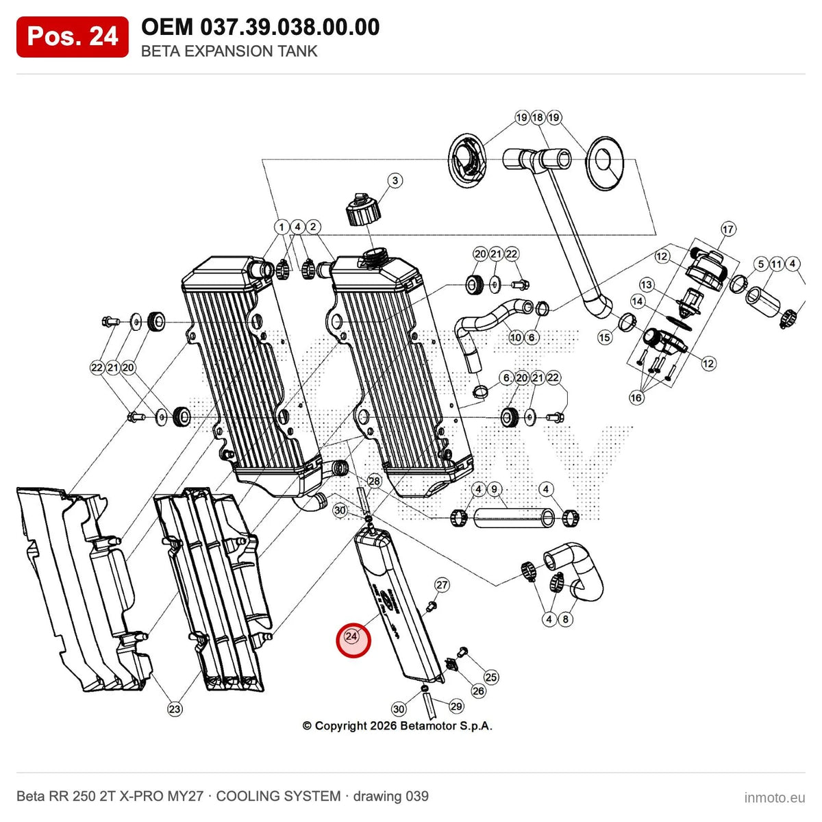 BETA EXPANSION TANK – OEM 037.39.038.00.00, position 24 on the Beta RR 250 2T X-PRO MY27 cooling system drawing