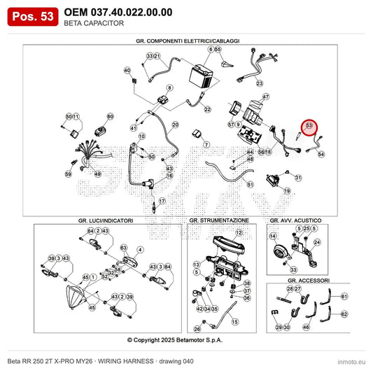 BETA CAPACITOR – OEM 037.40.022.00.00, position 53 on the Beta RR 250 2T X-PRO MY26 wiring harness drawing