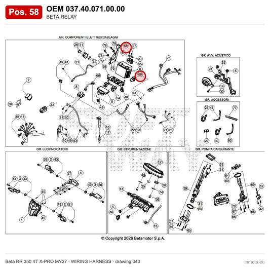 BETA RELAY – OEM 037.40.071.00.00, position 58 on the Beta RR 350 4T X-PRO MY27 wiring harness drawing