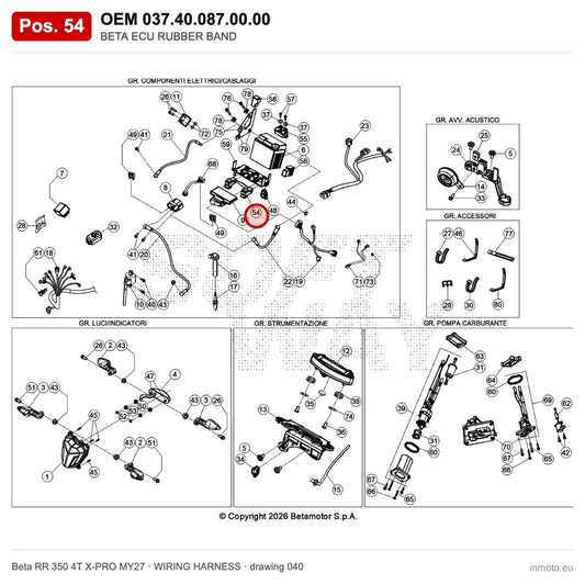 BETA ECU RUBBER BAND – OEM 037.40.087.00.00, position 54 on the Beta RR 350 4T X-PRO MY27 wiring harness drawing