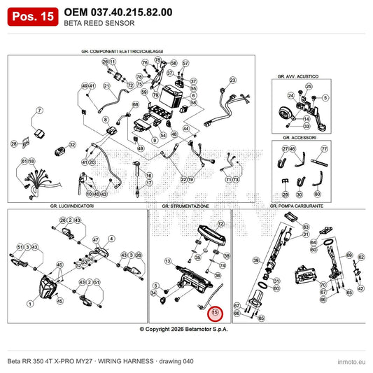 BETA REED SENSOR – OEM 037.40.215.82.00, position 15 on the Beta RR 350 4T X-PRO MY27 wiring harness drawing