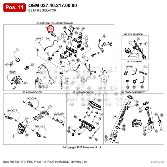 BETA REGULATOR – OEM 037.40.217.00.00, position 11 on the Beta RR 350 4T X-PRO MY27 wiring harness drawing