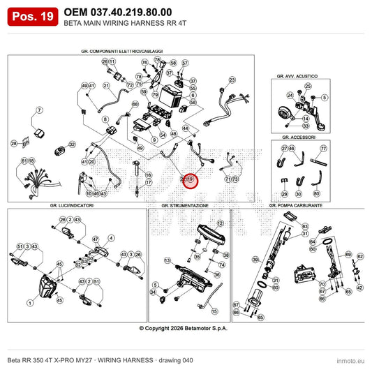 BETA MAIN WIRING HARNESS RR 4T – OEM 037.40.219.80.00, position 19 on the Beta RR 350 4T X-PRO MY27 wiring harness drawing