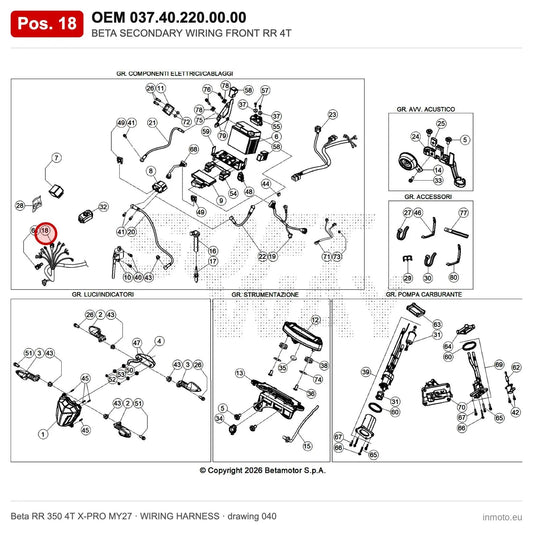 BETA SECONDARY WIRING FRONT RR 4T – OEM 037.40.220.00.00, position 18 on the Beta RR 350 4T X-PRO MY27 wiring harness drawing