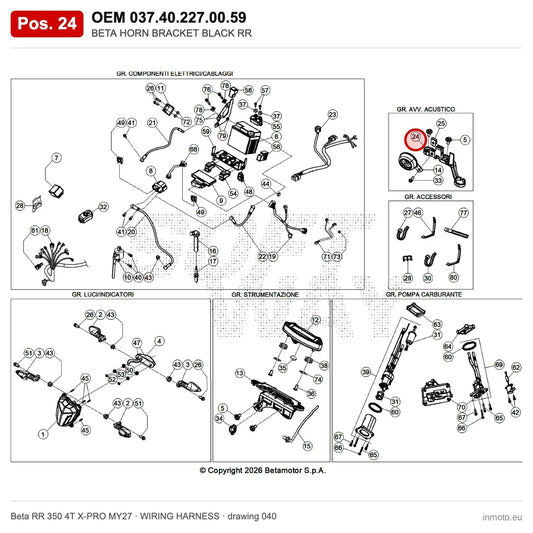 BETA HORN BRACKET BLACK RR – OEM 037.40.227.00.59, position 24 on the Beta RR 350 4T X-PRO MY27 wiring harness drawing
