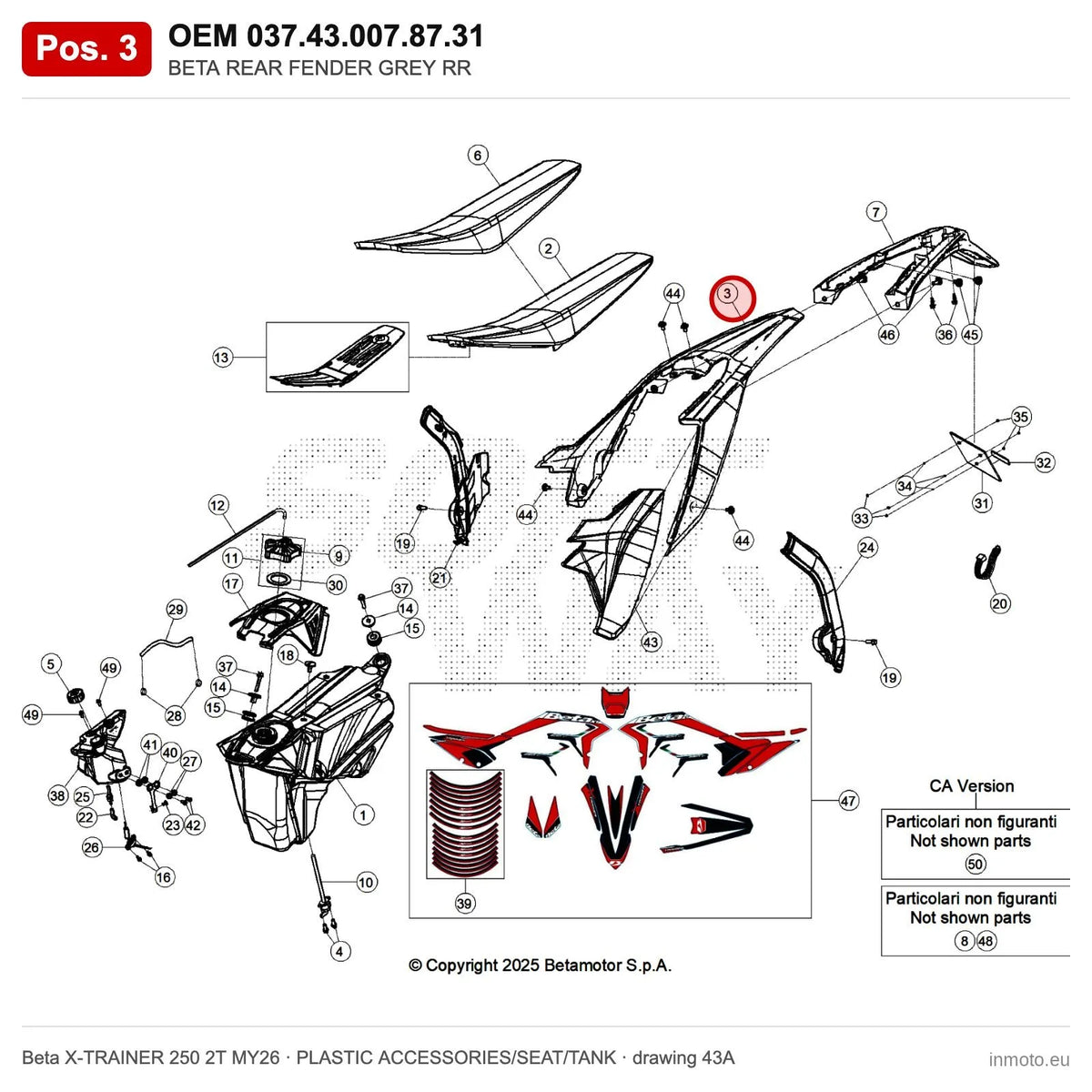 BETA REAR FENDER GREY RR – OEM 037.43.007.87.31, position 3 on the Beta X-TRAINER 250 2T MY26 plastic accessories/seat/tank drawing