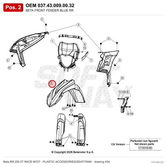 BETA FRONT FENDER BLUE RR – OEM 037.43.009.00.32, position 2 on the Beta RR 250 2T RACE MY27 plastic accessories/seat/tank drawing