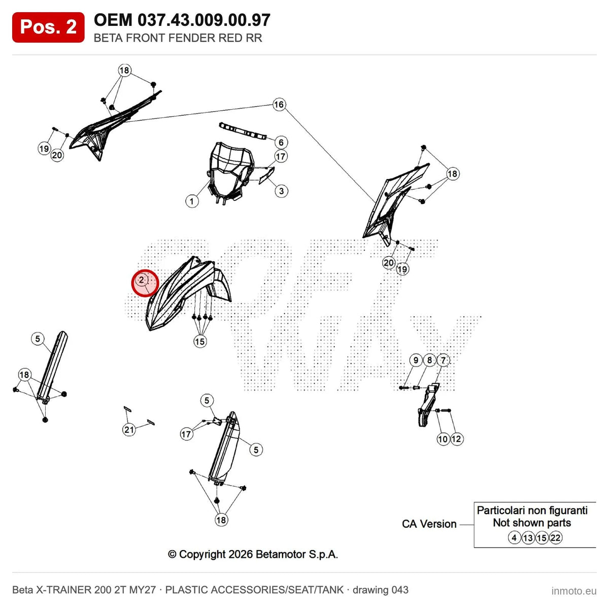 BETA FRONT FENDER RED RR – OEM 037.43.009.00.97, position 2 on the Beta X-TRAINER 200 2T MY27 plastic accessories/seat/tank drawing