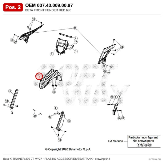 BETA FRONT FENDER RED RR – OEM 037.43.009.00.97, position 2 on the Beta X-TRAINER 200 2T MY27 plastic accessories/seat/tank drawing