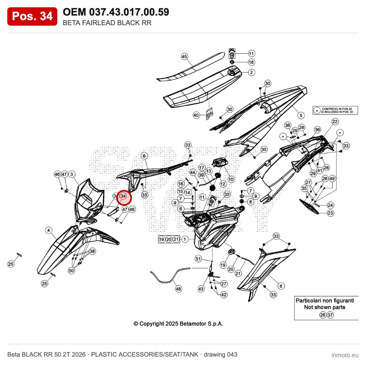 BETA FAIRLEAD BLACK RR – OEM 037.43.017.00.59, position 34 on the Beta BLACK RR 50 2T 2026 plastic accessories/seat/tank drawing