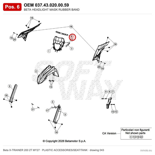 BETA HEADLIGHT MASK RUBBER BAND – OEM 037.43.020.00.59, position 6 on the Beta X-TRAINER 200 2T MY27 plastic accessories/seat/tank drawing