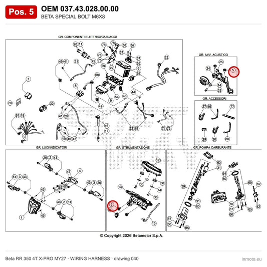 BETA SPECIAL BOLT M6X8 – OEM 037.43.028.00.00, position 5 on the Beta RR 350 4T X-PRO MY27 wiring harness drawing