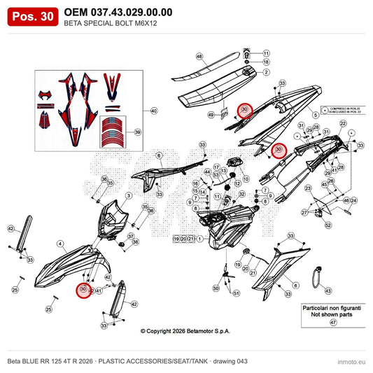 BETA SPECIAL BOLT M6X12 – OEM 037.43.029.00.00, position 30 on the Beta BLUE RR 125 4T R 2026 plastic accessories/seat/tank drawing