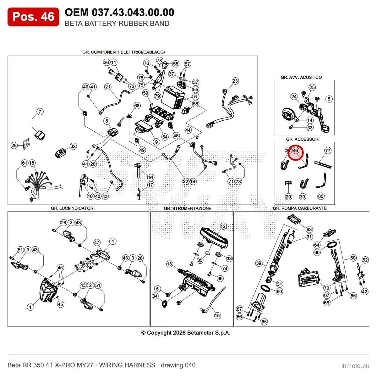 BETA BATTERY RUBBER BAND – OEM 037.43.043.00.00, position 46 on the Beta RR 350 4T X-PRO MY27 wiring harness drawing