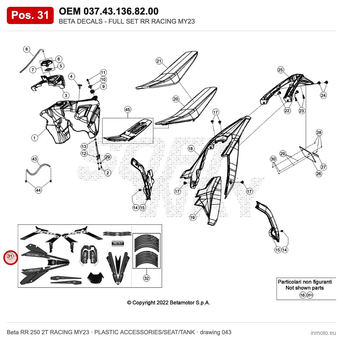 BETA DECALS - FULL SET RR RACING MY23 – OEM 037.43.136.82.00, position 31 on the Beta RR 250 2T RACING MY23 plastic accessories/seat/tank drawing