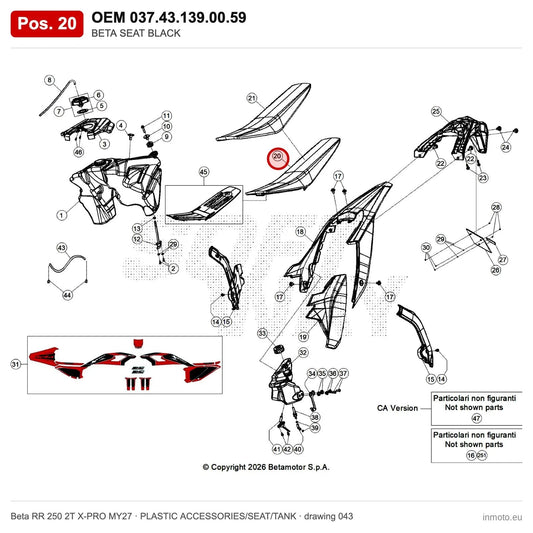 BETA SEAT BLACK – OEM 037.43.139.00.59, position 20 on the Beta RR 250 2T X-PRO MY27 plastic accessories/seat/tank drawing