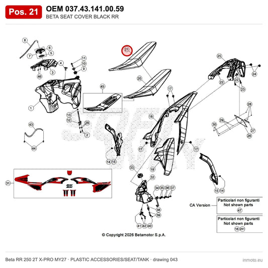 BETA SEAT COVER BLACK RR – OEM 037.43.141.00.59, position 21 on the Beta RR 250 2T X-PRO MY27 plastic accessories/seat/tank drawing