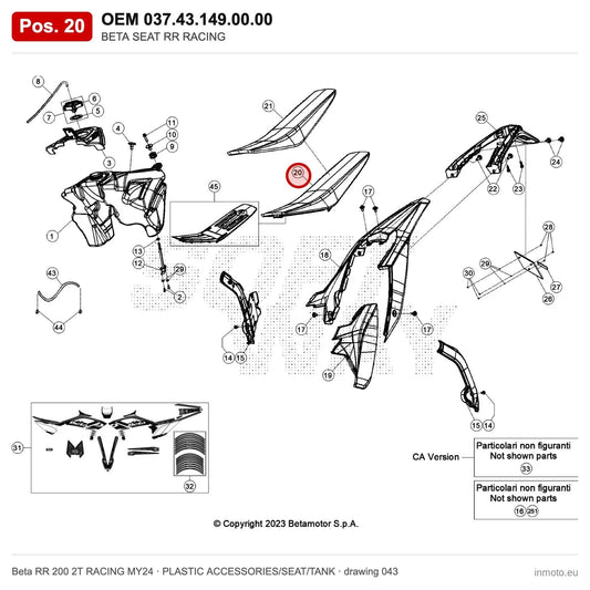 BETA SEAT RR RACING – OEM 037.43.149.00.00, position 20 on the Beta RR 200 2T RACING MY24 plastic accessories/seat/tank drawing