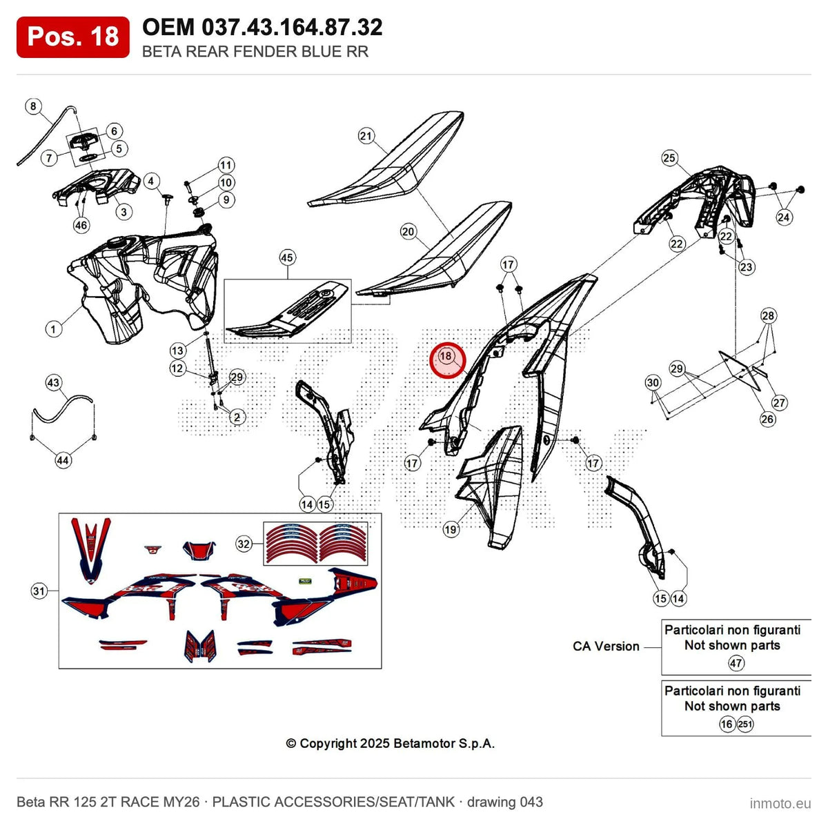 BETA REAR FENDER BLUE RR – OEM 037.43.164.87.32, position 18 on the Beta RR 125 2T RACE MY26 plastic accessories/seat/tank drawing