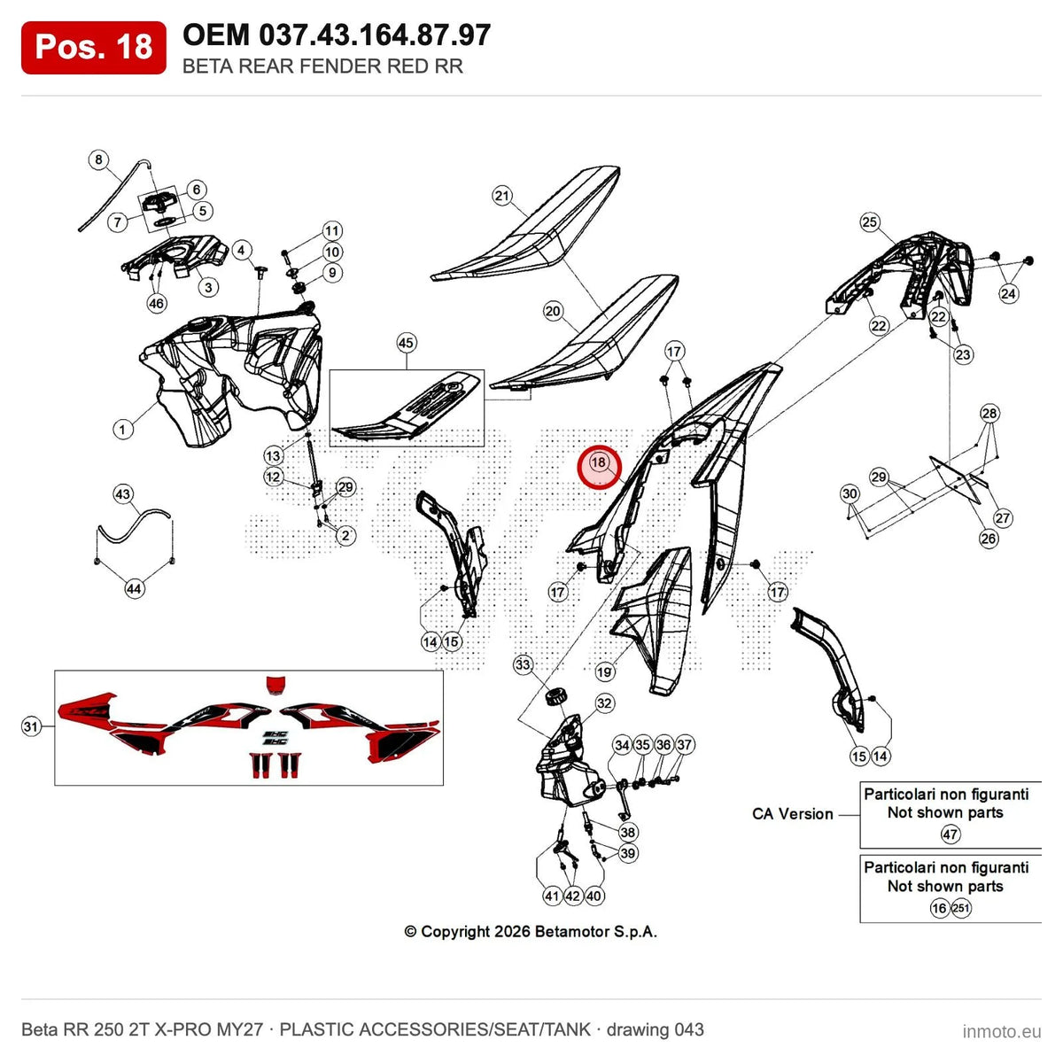 BETA REAR FENDER RED RR – OEM 037.43.164.87.97, position 18 on the Beta RR 250 2T X-PRO MY27 plastic accessories/seat/tank drawing