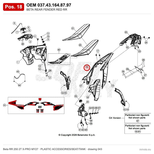 BETA REAR FENDER RED RR – OEM 037.43.164.87.97, position 18 on the Beta RR 250 2T X-PRO MY27 plastic accessories/seat/tank drawing