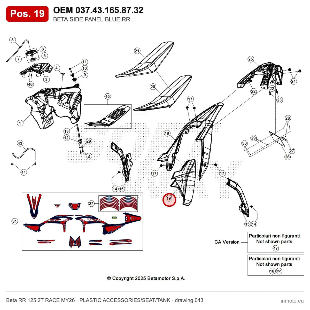 BETA SIDE PANEL BLUE RR – OEM 037.43.165.87.32, position 19 on the Beta RR 125 2T RACE MY26 plastic accessories/seat/tank drawing