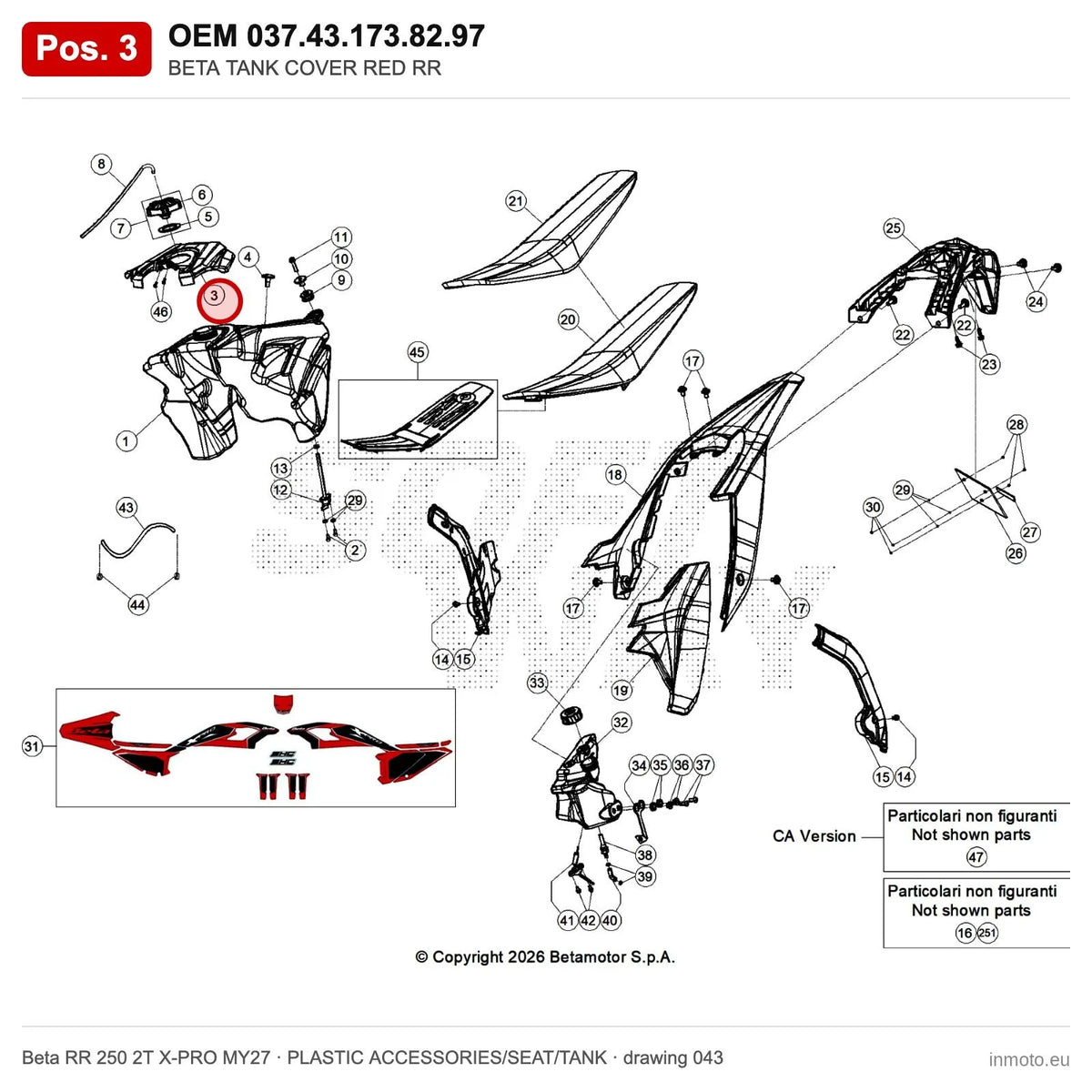BETA TANK COVER RED RR – OEM 037.43.173.82.97, position 3 on the Beta RR 250 2T X-PRO MY27 plastic accessories/seat/tank drawing