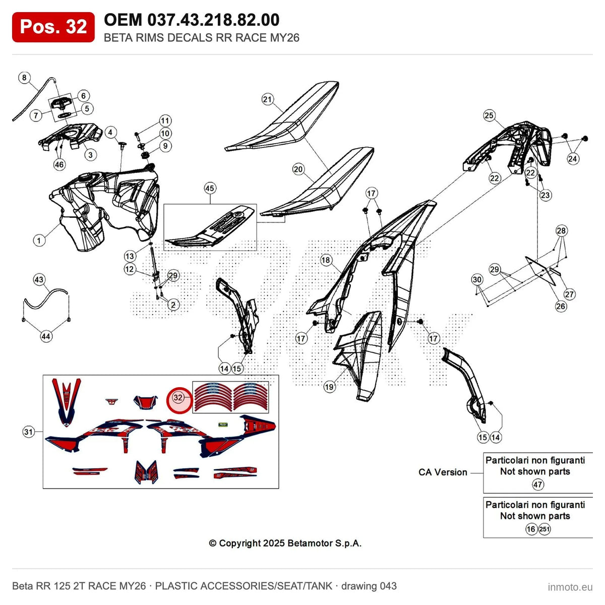BETA RIMS DECALS RR RACE MY26 – OEM 037.43.218.82.00, position 32 on the Beta RR 125 2T RACE MY26 plastic accessories/seat/tank drawing