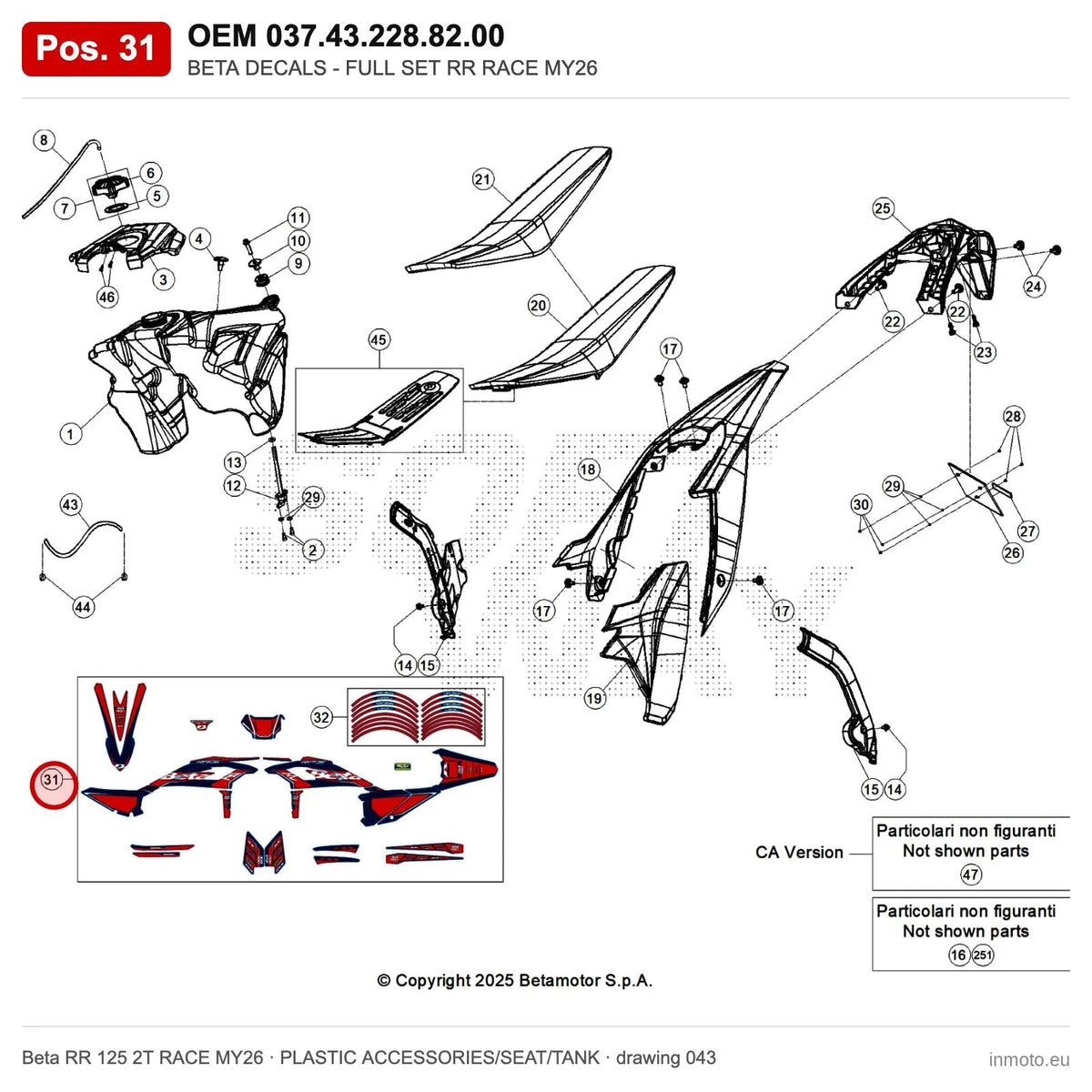 BETA DECALS - FULL SET RR RACE MY26 – OEM 037.43.228.82.00, position 31 on the Beta RR 125 2T RACE MY26 plastic accessories/seat/tank drawing