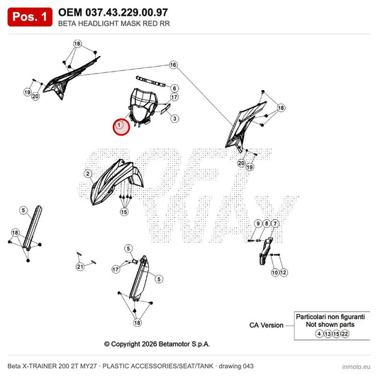 BETA HEADLIGHT MASK RED RR – OEM 037.43.229.00.97, position 1 on the Beta X-TRAINER 200 2T MY27 plastic accessories/seat/tank drawing
