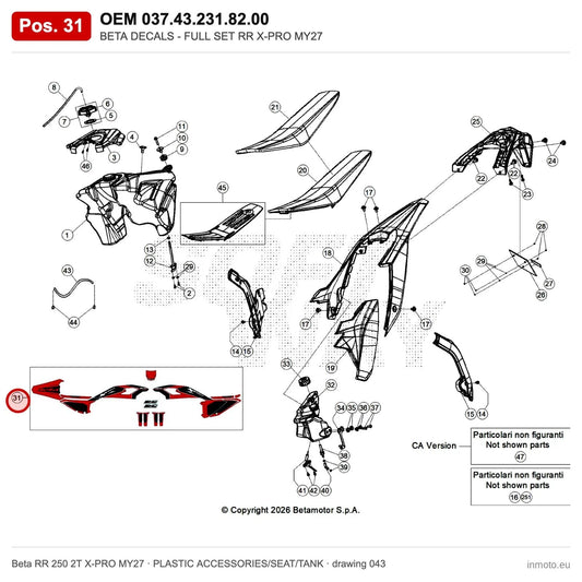 BETA DECALS - FULL SET RR X-PRO MY27 – OEM 037.43.231.82.00, position 31 on the Beta RR 250 2T X-PRO MY27 plastic accessories/seat/tank drawing