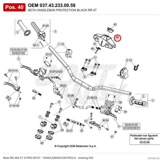 BETA HANDLEBAR PROTECTION BLACK RR 4T – OEM 037.43.233.00.59, position 40 on the Beta RR 350 4T X-PRO MY27 handlebar/controls drawing