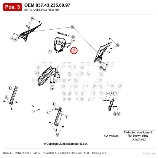 BETA FAIRLEAD RED RR – OEM 037.43.235.00.97, position 3 on the Beta X-TRAINER 200 2T MY27 plastic accessories/seat/tank drawing
