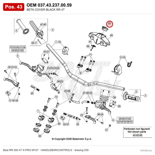 BETA COVER BLACK RR 4T – OEM 037.43.237.00.59, position 43 on the Beta RR 350 4T X-PRO MY27 handlebar/controls drawing