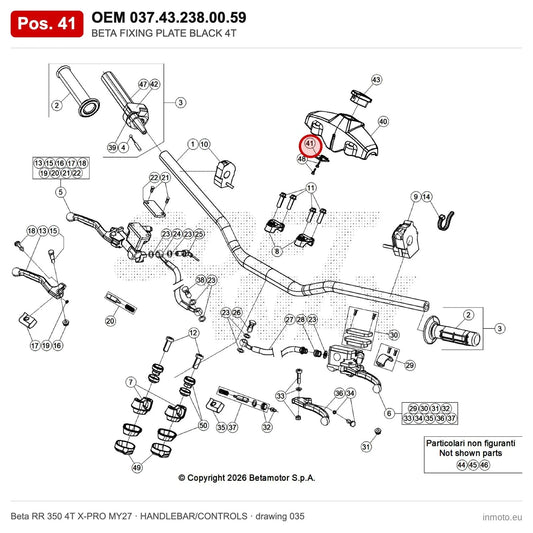 BETA FIXING PLATE BLACK 4T – OEM 037.43.238.00.59, position 41 on the Beta RR 350 4T X-PRO MY27 handlebar/controls drawing