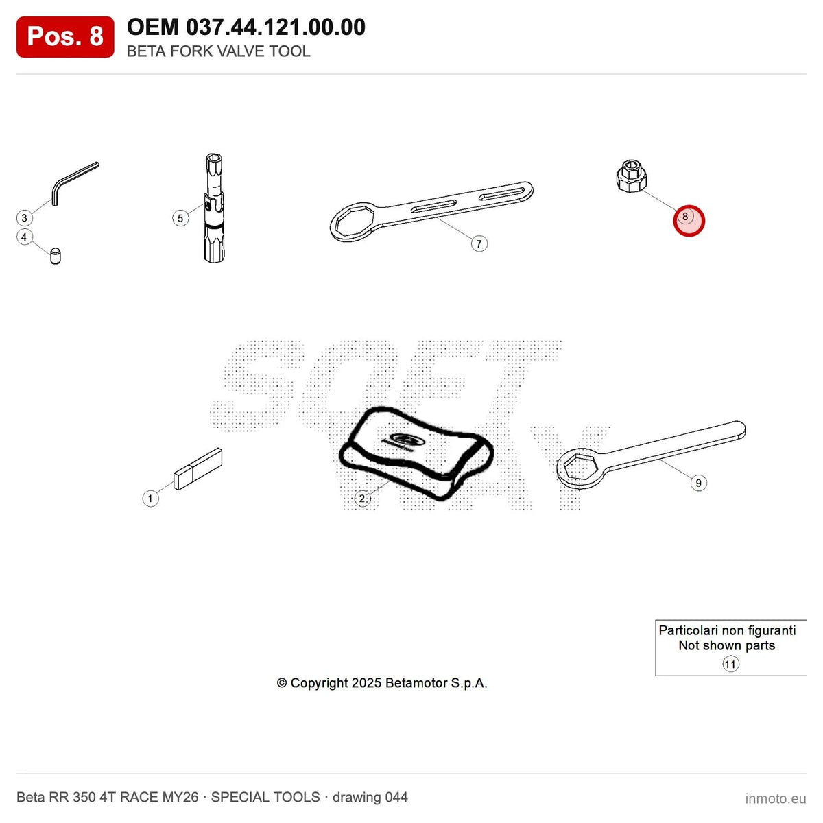 BETA FORK VALVE TOOL – OEM 037.44.121.00.00, position 8 on the Beta RR 350 4T RACE MY26 special tools drawing