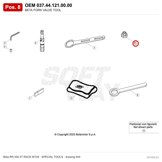 BETA FORK VALVE TOOL – OEM 037.44.121.00.00, position 8 on the Beta RR 350 4T RACE MY26 special tools drawing