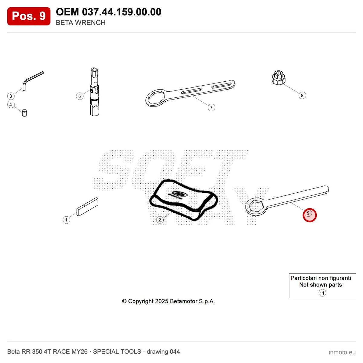 BETA WRENCH – OEM 037.44.159.00.00, position 9 on the Beta RR 350 4T RACE MY26 special tools drawing