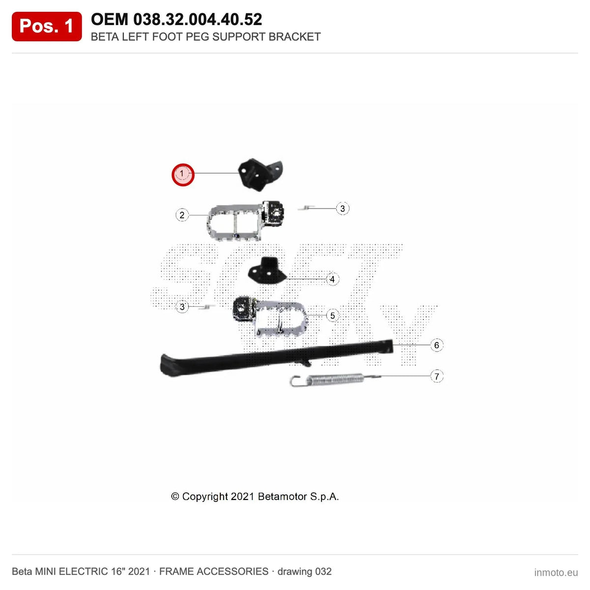 BETA LEFT FOOT PEG SUPPORT BRACKET – OEM 038.32.004.40.52, position 1 on the Beta MINI ELECTRIC 16" 2021 frame accessories drawing