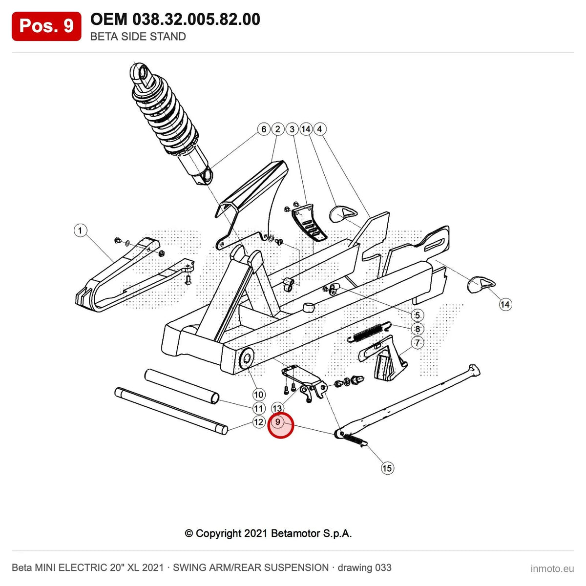 BETA SIDE STAND – OEM 038.32.005.82.00, position 9 on the Beta MINI ELECTRIC 20" XL 2021 swing arm/rear suspension drawing