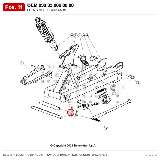 BETA SPACER SWING-ARM – OEM 038.33.006.00.00, position 11 on the Beta MINI ELECTRIC 20" XL 2021 swing arm/rear suspension drawing