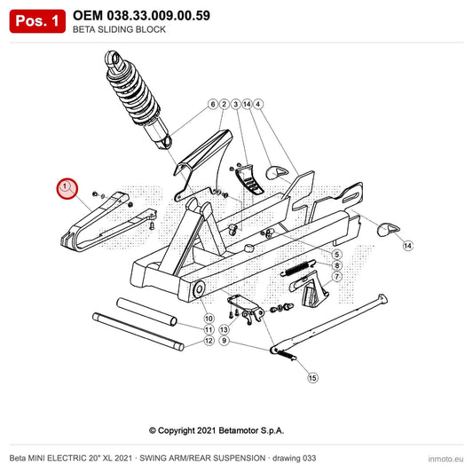 BETA SLIDING BLOCK – OEM 038.33.009.00.59, position 1 on the Beta MINI ELECTRIC 20" XL 2021 swing arm/rear suspension drawing