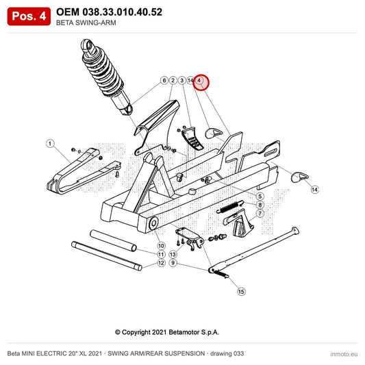 BETA SWING-ARM – OEM 038.33.010.40.52, position 4 on the Beta MINI ELECTRIC 20" XL 2021 swing arm/rear suspension drawing