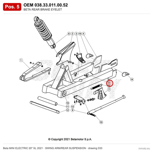 BETA REAR BRAKE EYELET – OEM 038.33.011.00.52, position 5 on the Beta MINI ELECTRIC 20" XL 2021 swing arm/rear suspension drawing