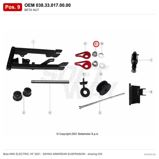 BETA NUT – OEM 038.33.017.00.00, position 9 on the Beta MINI ELECTRIC 16" 2021 swing arm/rear suspension drawing