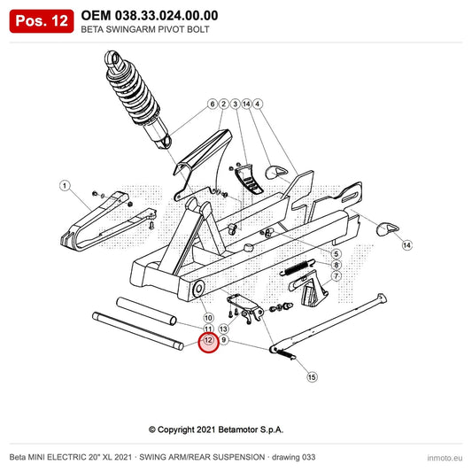 BETA SWINGARM PIVOT BOLT – OEM 038.33.024.00.00, position 12 on the Beta MINI ELECTRIC 20" XL 2021 swing arm/rear suspension drawing