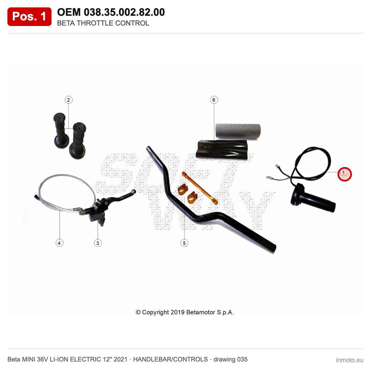 BETA THROTTLE CONTROL – OEM 038.35.002.82.00, position 1 on the Beta MINI 36V LI-ION ELECTRIC 12" 2021 handlebar/controls drawing